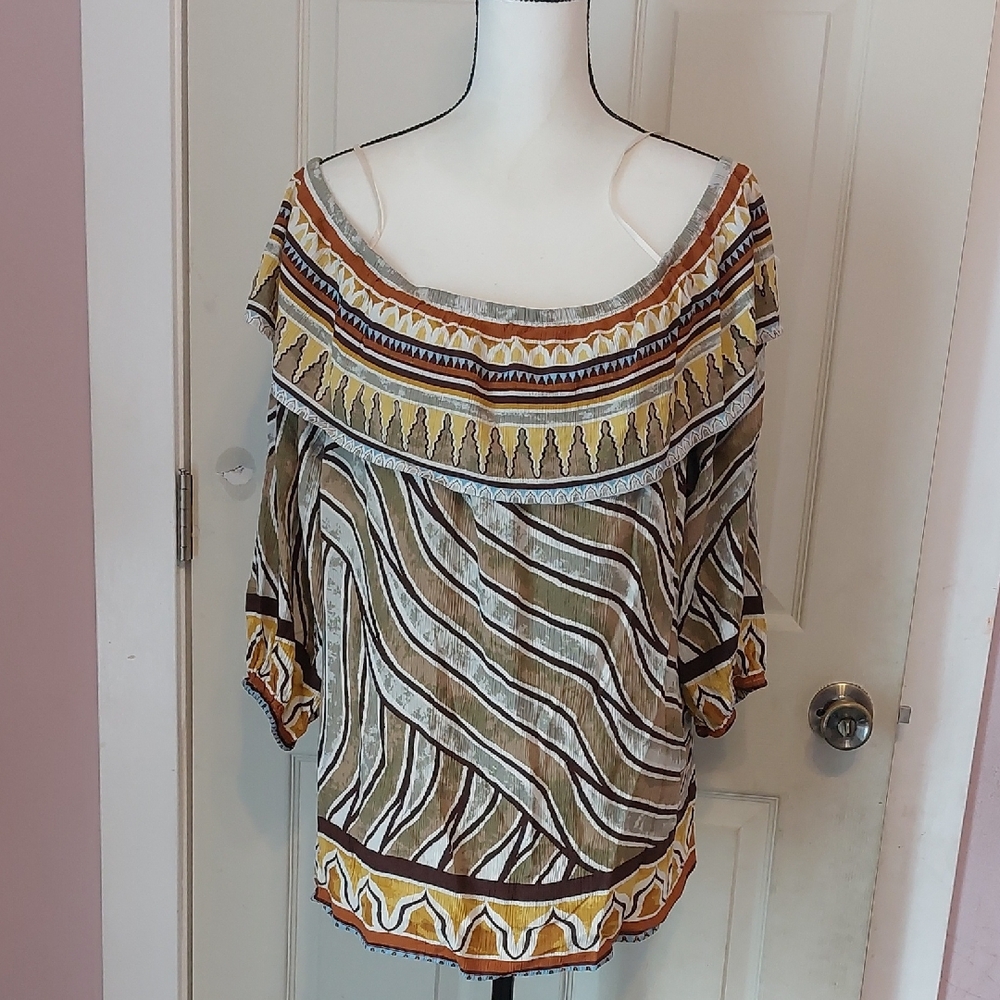 Chico's Boho Peasant Tribal Border Off The Shoulder Top Size 4 XXL 20